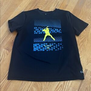 Black Graphic T-Shirt with Blue and Yellow Baseball Design (Size 10)
